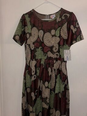LuLaRoe Amelia  women’s Paisley Short Sleeve Dress - Green, Burgundy & Cream
